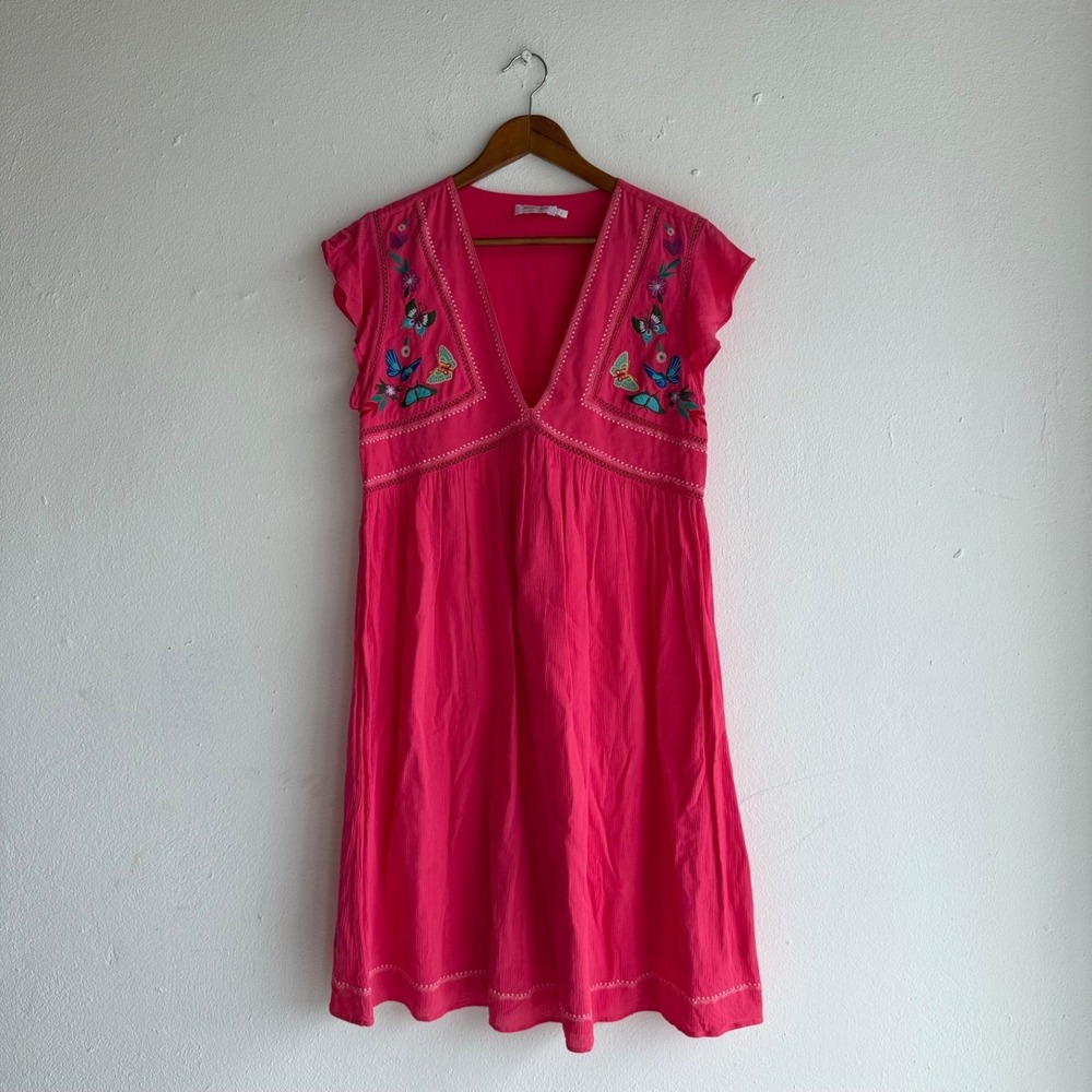 Johnny Was Mariposa Butterfly Embroidered Dress Pink Small Boho Viscose